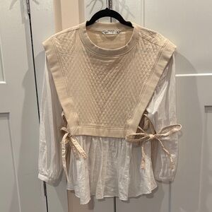 Zara Beige Quilted Blouse with Ties, Small